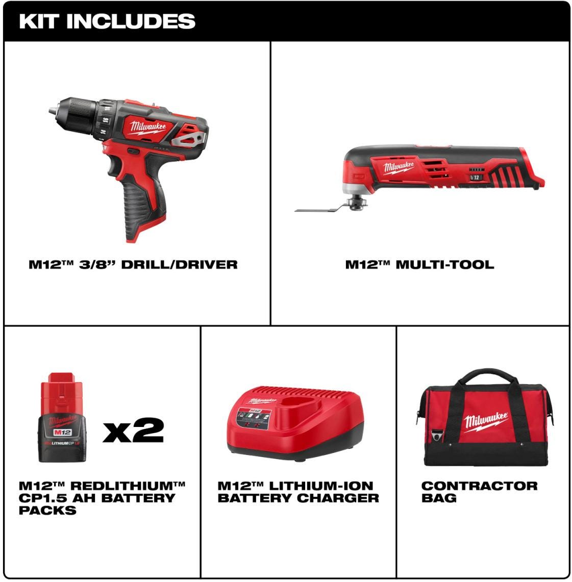 Milwaukee 2495-22 M12 Cordless Multi-Tool + Drill Driver 2-Tool Combo Kit