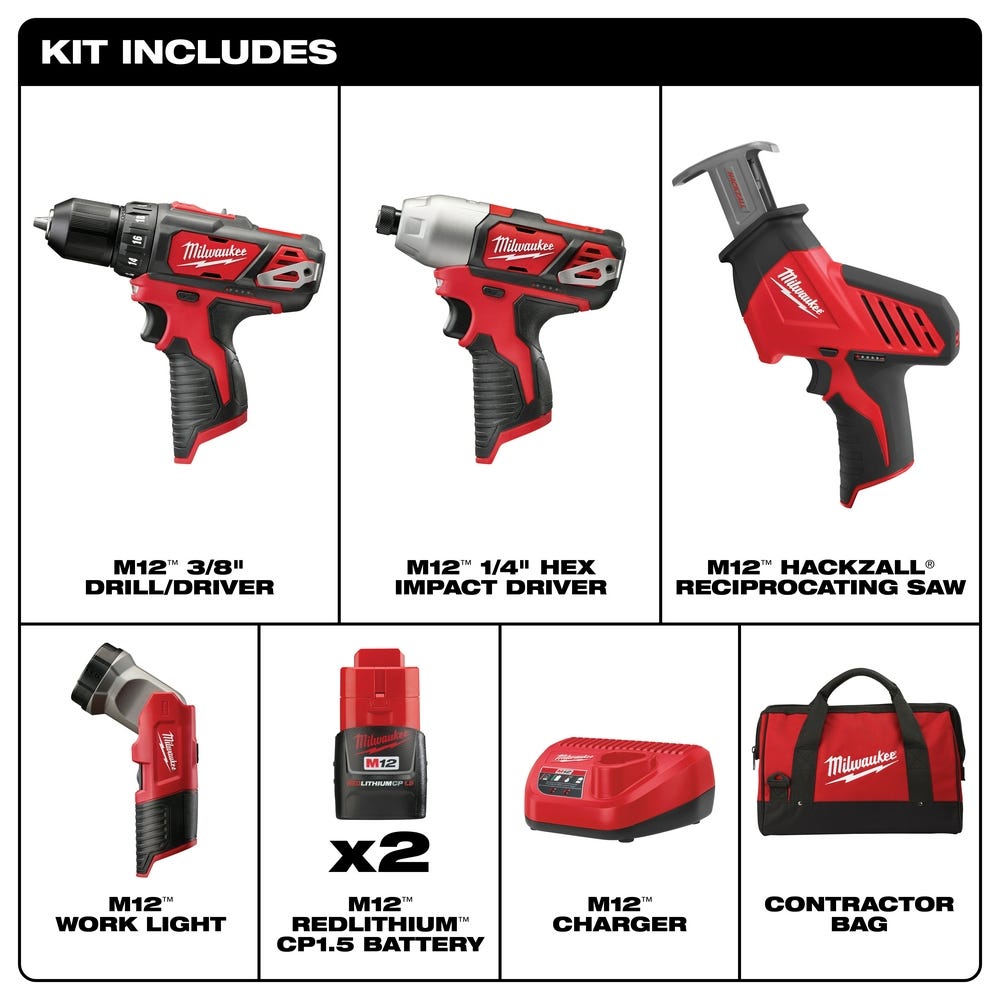 Milwaukee 2498-24 M12 Cordless 4-Tool Combo 1.5Ah Kit