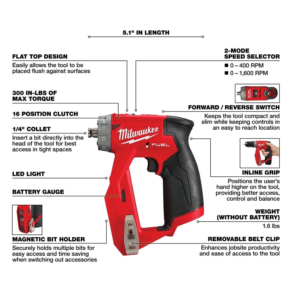 Milwaukee 2505-20 M12 FUEL Brushless Installation 5-in-1 Drill