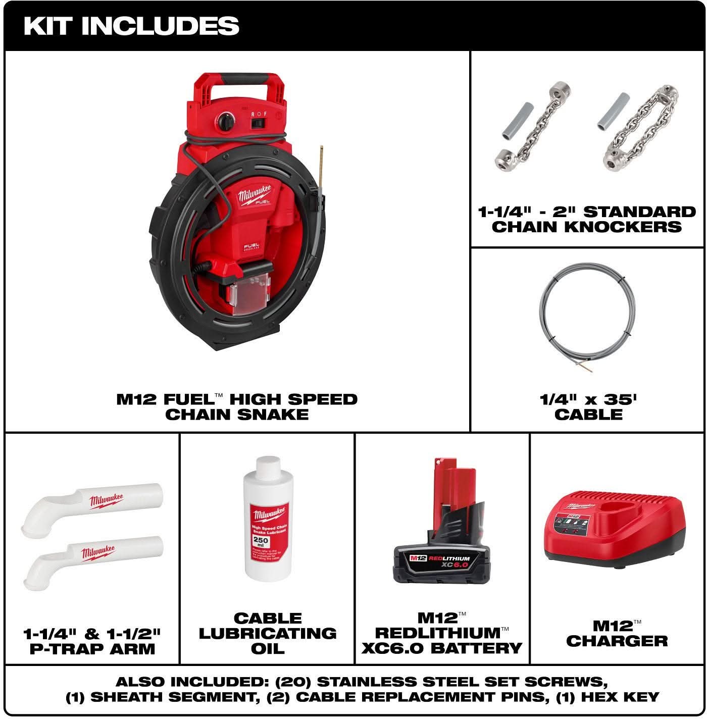 Milwaukee 2519-21 M12 FUEL High Speed Chain Snake for 1-1/4"-2" Pipes