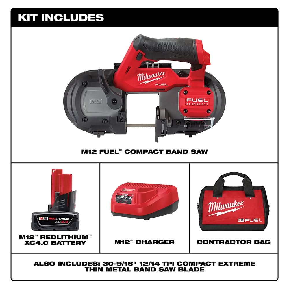 Milwaukee M12 FUEL Compact Band Saw 4.0Ah Kit with Blade 3-Pack and Reamer Attachment
