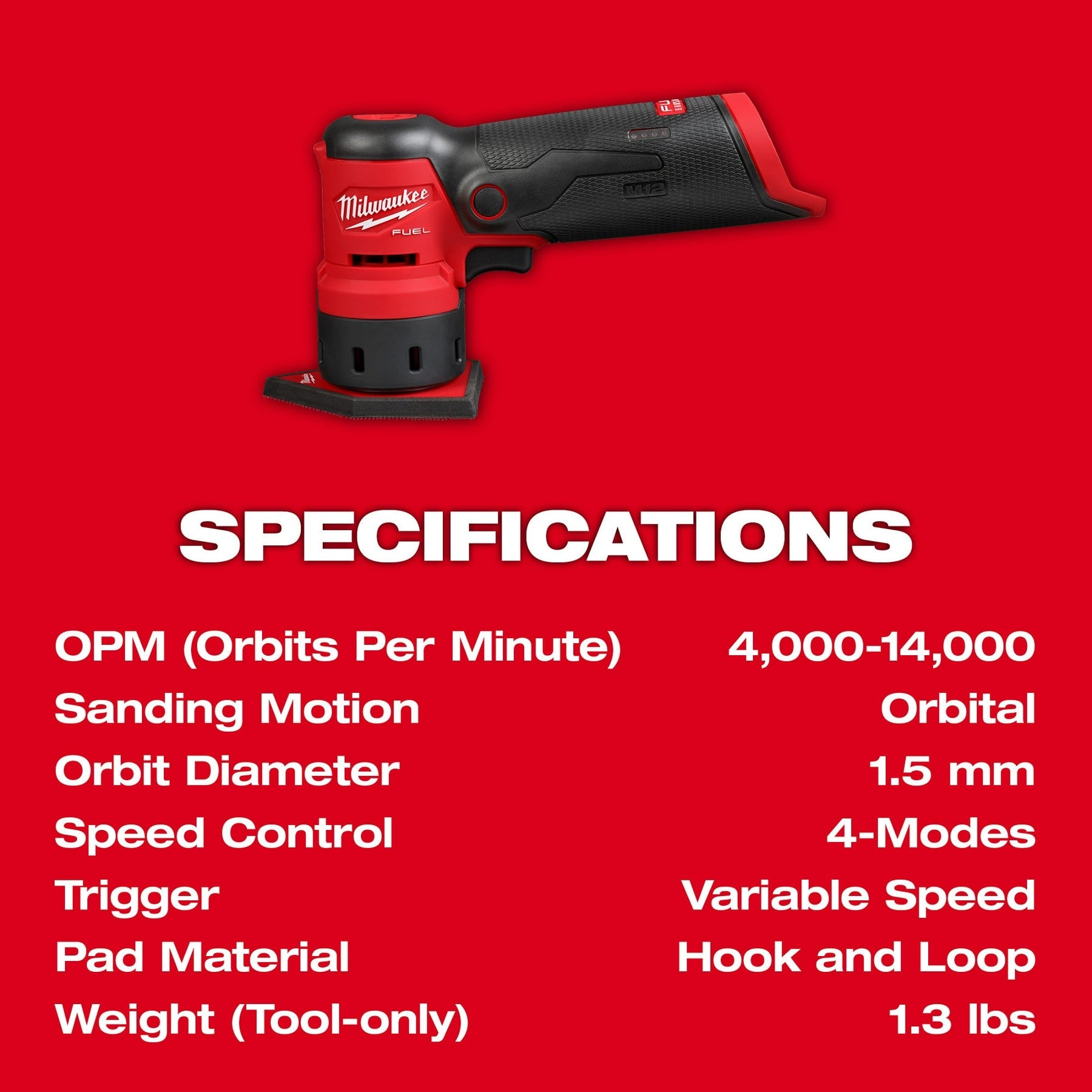 Milwaukee 2531-20 M12 FUEL Orbital Detail Sander, Tool Only