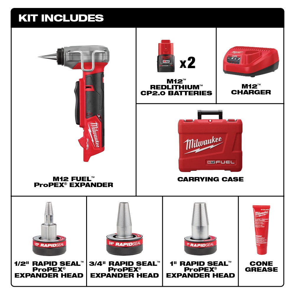 Milwaukee 2532-22 M12 FUEL ProPEX Expander with 1/2-Inch-1-Inch RAPID SEAL ProPEX Expander Head 2.0Ah Kit