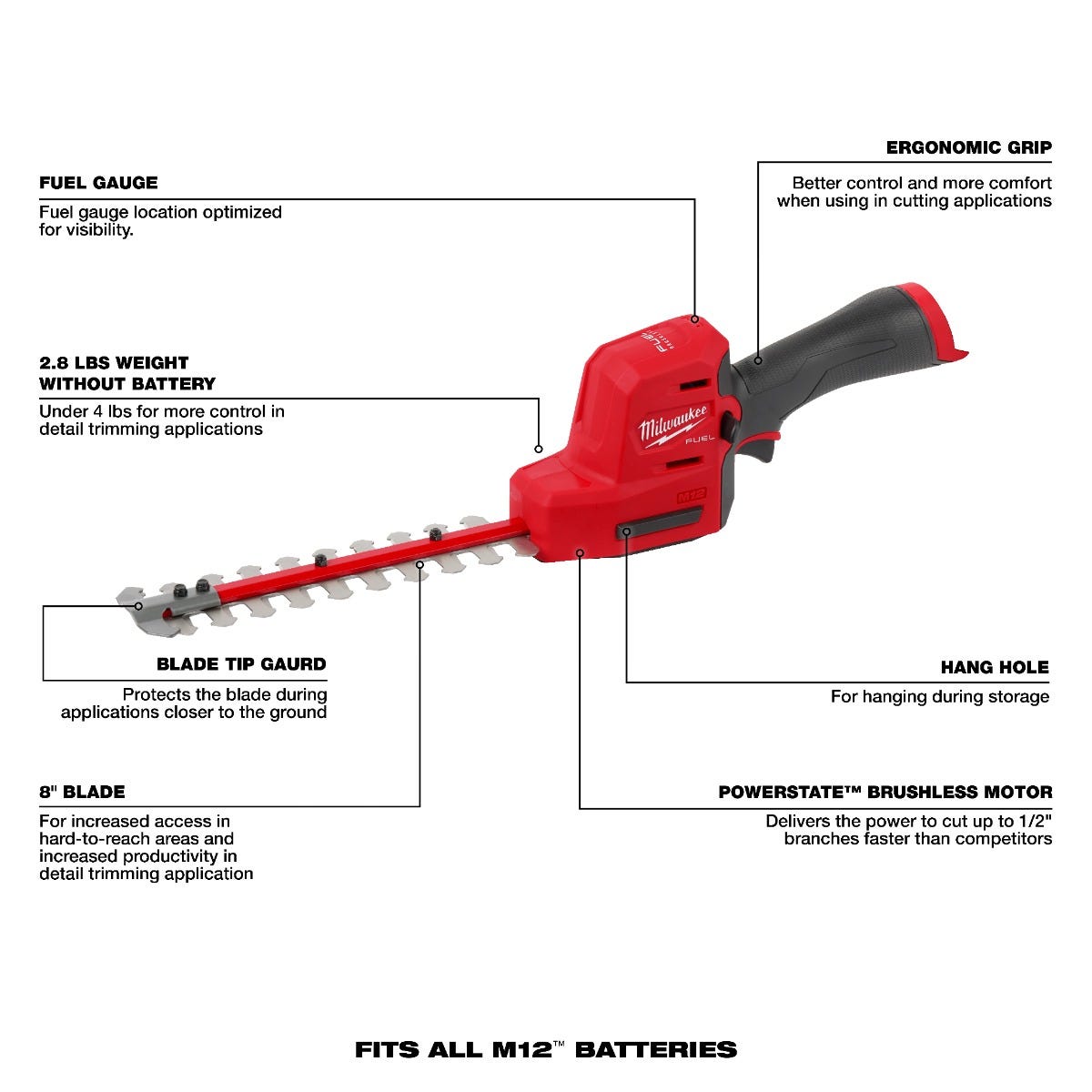 Milwaukee 2533-20 M12 FUEL 8" Hedge Trimmer, Tool Only