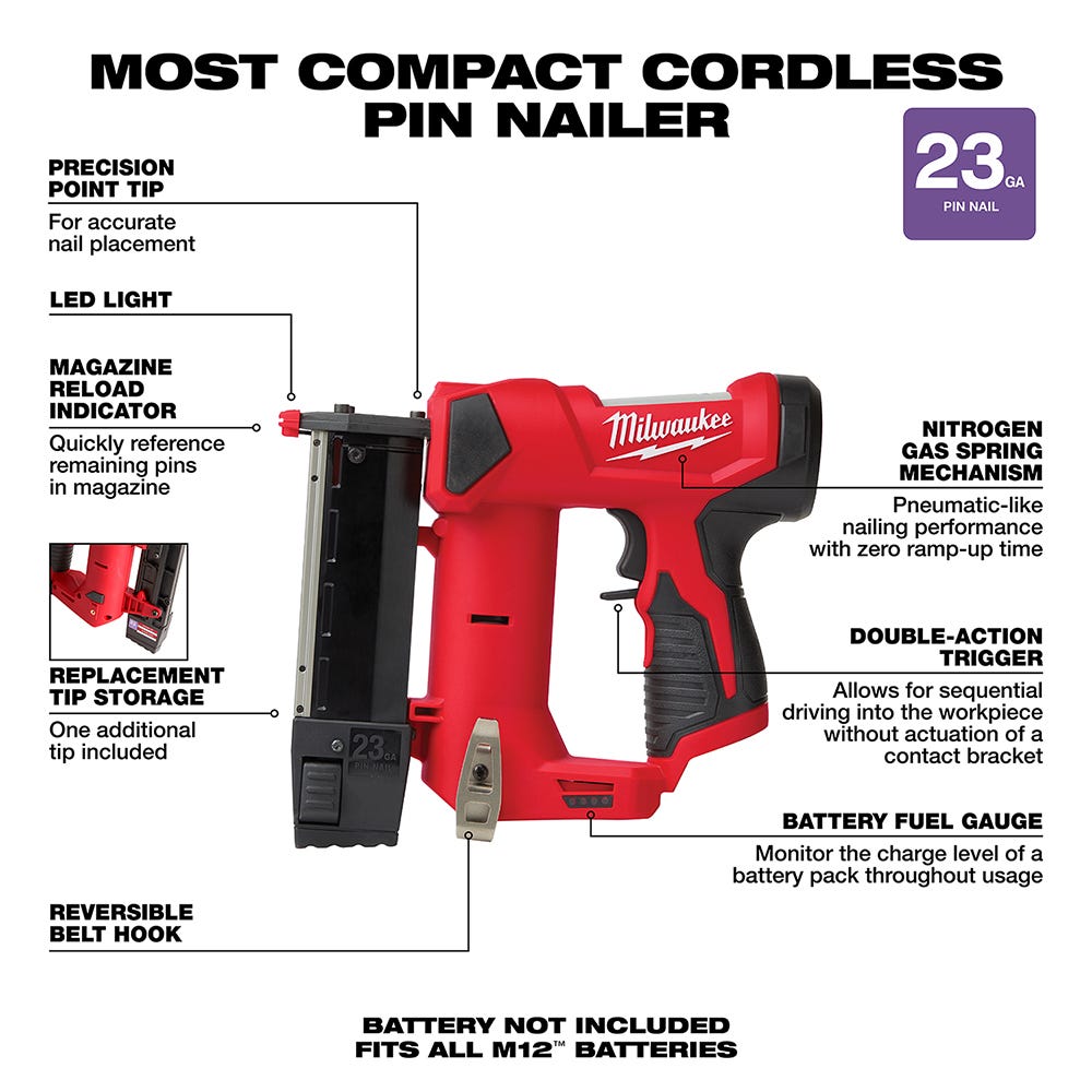 Milwaukee 2540-20 M12 Cordless 23-Gauge Pin Nailer, Tool Only