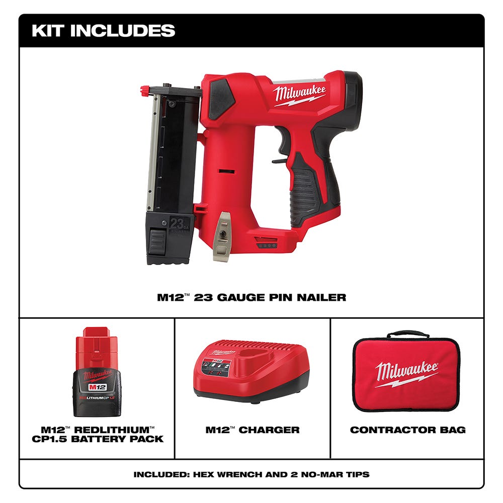 Milwaukee 2540-21 M12 Cordless 23-Gauge Pin Nailer 1.5Ah Kit