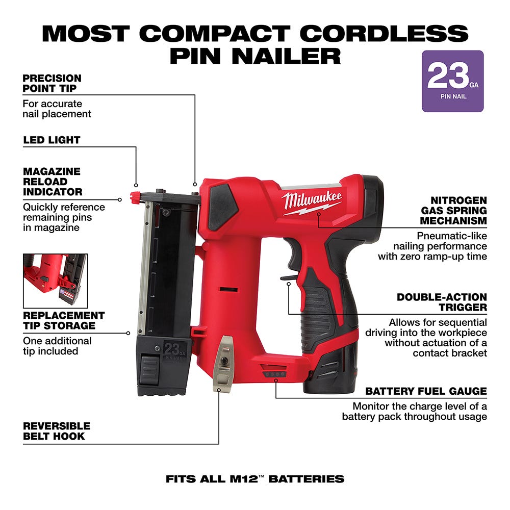 Milwaukee 2540-21 M12 Cordless 23-Gauge Pin Nailer 1.5Ah Kit