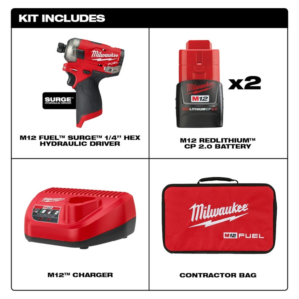 Milwaukee 2551-22 M12 FUEL SURGE 1/4-Inch Hex Hydraulic Impact Driver 2.0Ah Kit