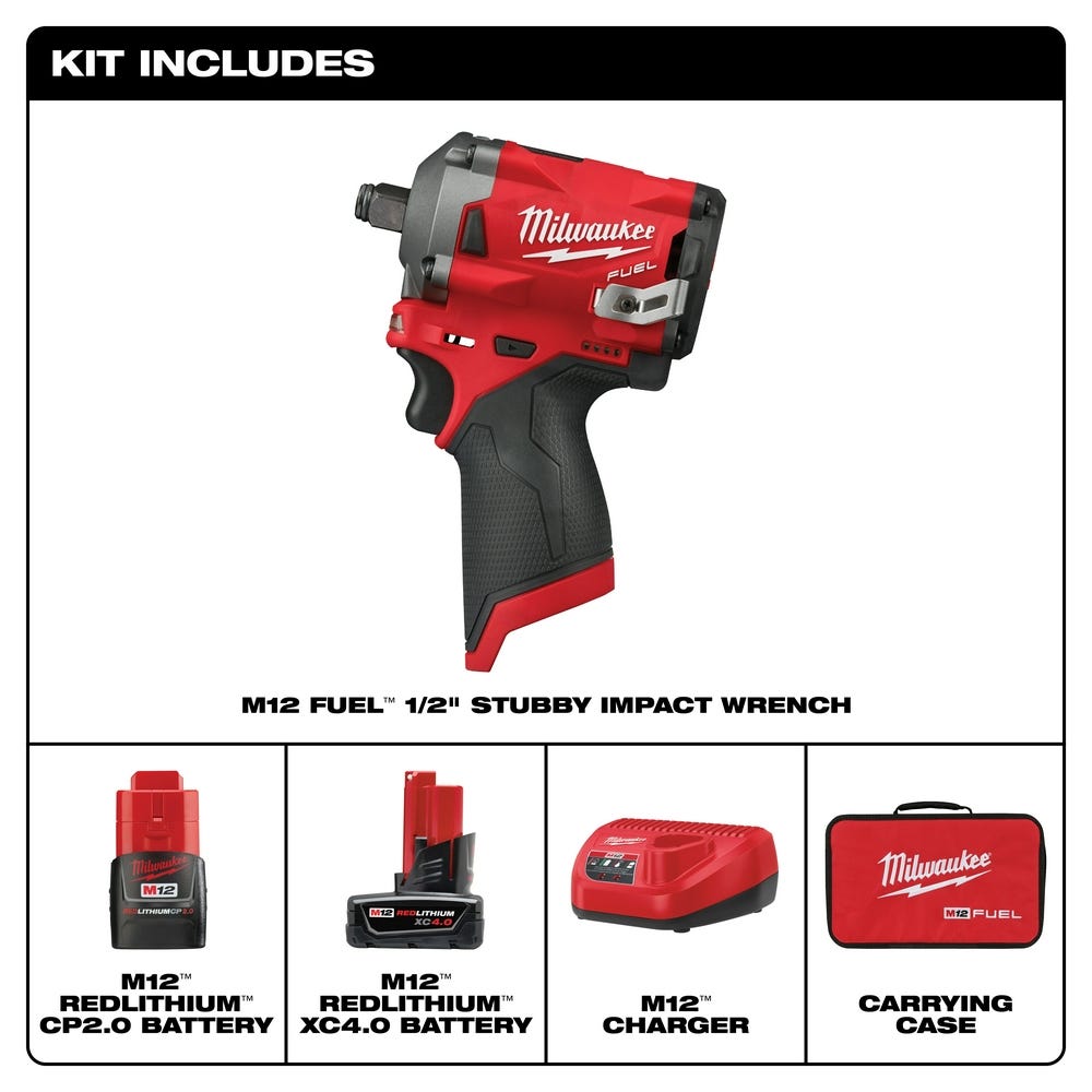 Milwaukee 2555-22 M12 FUEL Stubby 1/2-Inch Ring Impact Wrench 4.0Ah/2Ah Kit