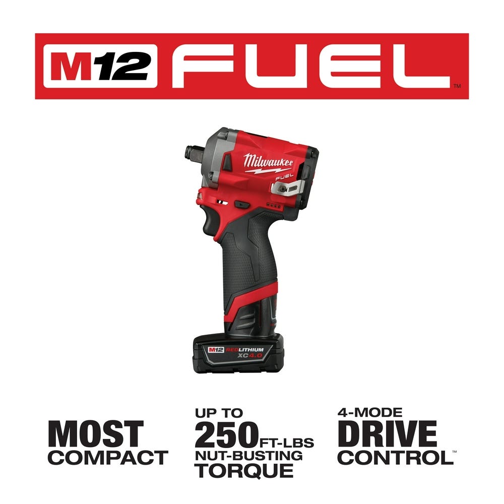 Milwaukee 2555-22 M12 FUEL Stubby 1/2-Inch Ring Impact Wrench 4.0Ah/2Ah Kit
