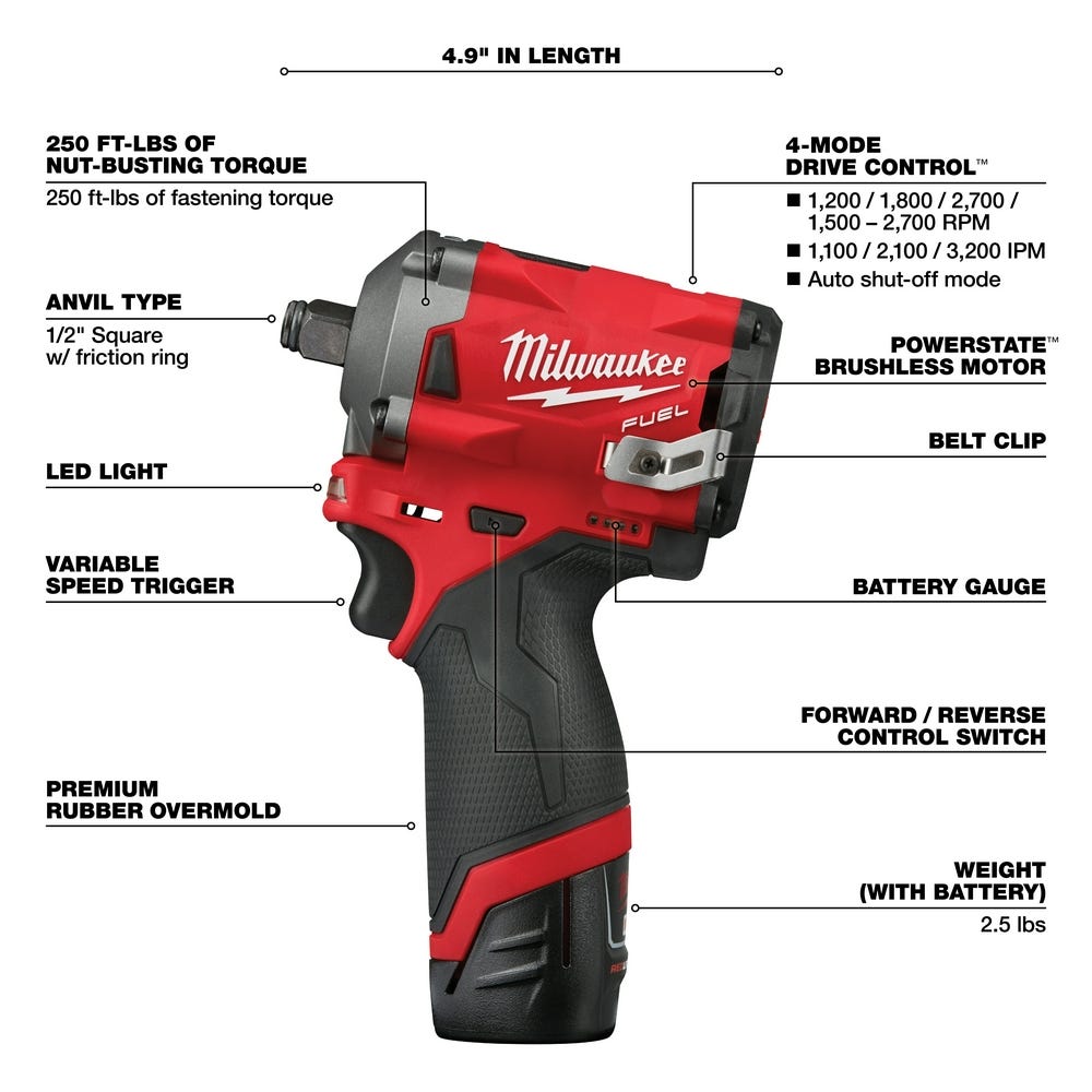 Milwaukee 2555-22 M12 FUEL Stubby 1/2-Inch Ring Impact Wrench 4.0Ah/2Ah Kit