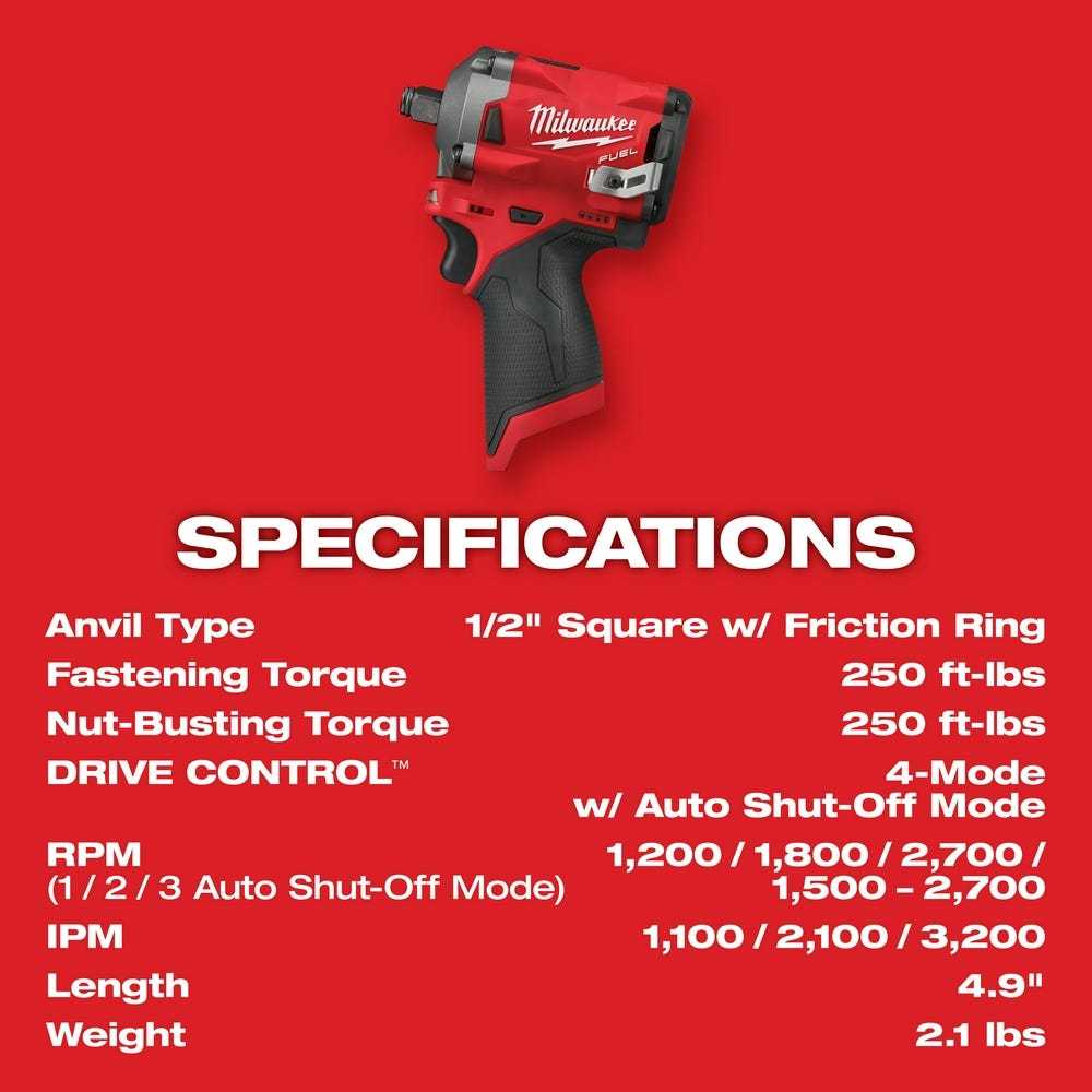 Milwaukee 2555-22 M12 FUEL Stubby 1/2-Inch Ring Impact Wrench 4.0Ah/2Ah Kit
