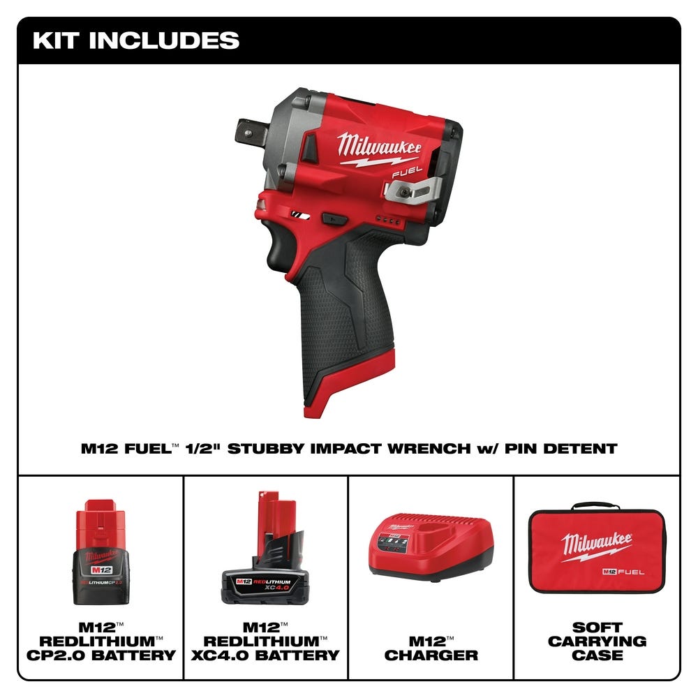 Milwaukee 2555P-22 M12 FUEL Stubby 1/2-Inch Pin Impact Wrench 4.0Ah/2Ah Kit