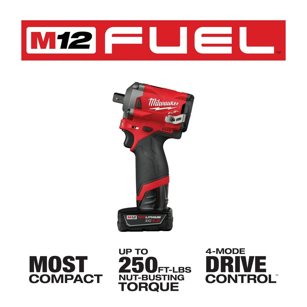 Milwaukee 2555P-22 M12 FUEL Stubby 1/2-Inch Pin Impact Wrench 4.0Ah/2Ah Kit