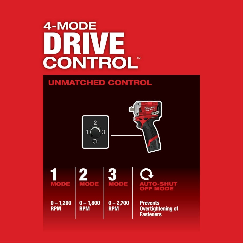 Milwaukee 2555P-22 M12 FUEL Stubby 1/2-Inch Pin Impact Wrench 4.0Ah/2Ah Kit