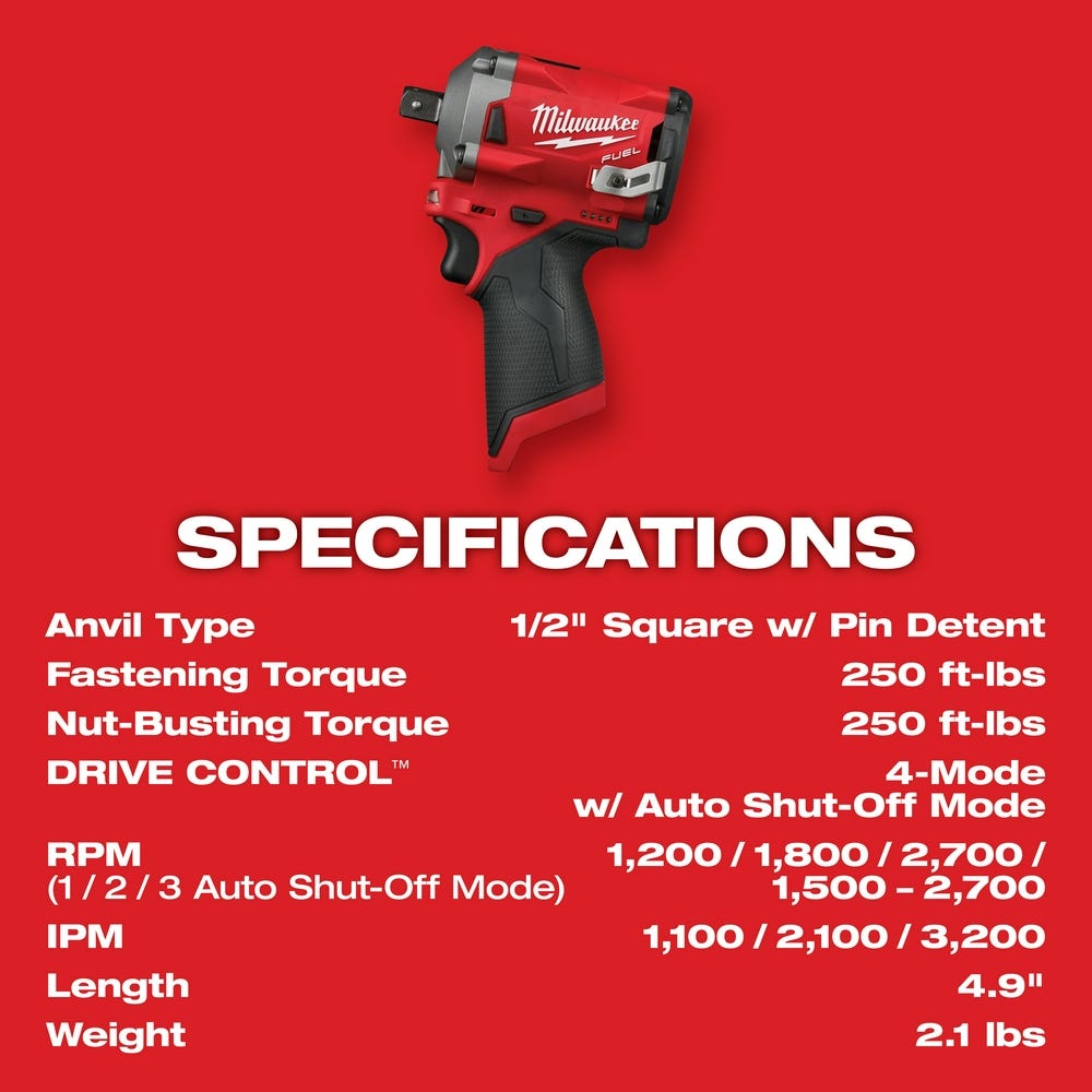 Milwaukee 2555P-22 M12 FUEL Stubby 1/2-Inch Pin Impact Wrench 4.0Ah/2Ah Kit