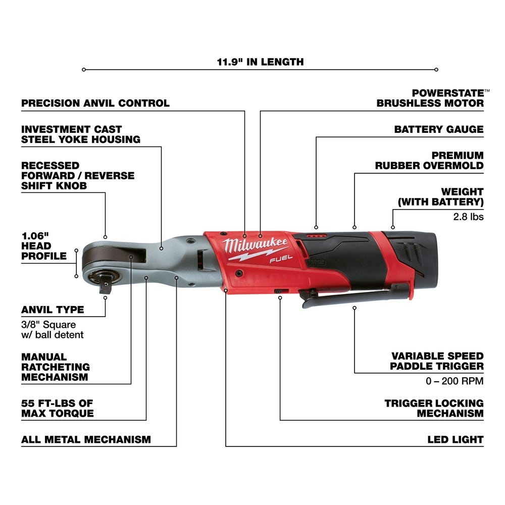 Milwaukee 2557-22 M12 Fuel 3/8" Ratchet Kit