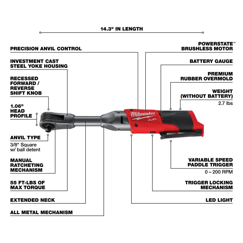 Milwaukee 2560-20 M12 FUEL 3/8" Extended Reach Ratchet, Tool Only
