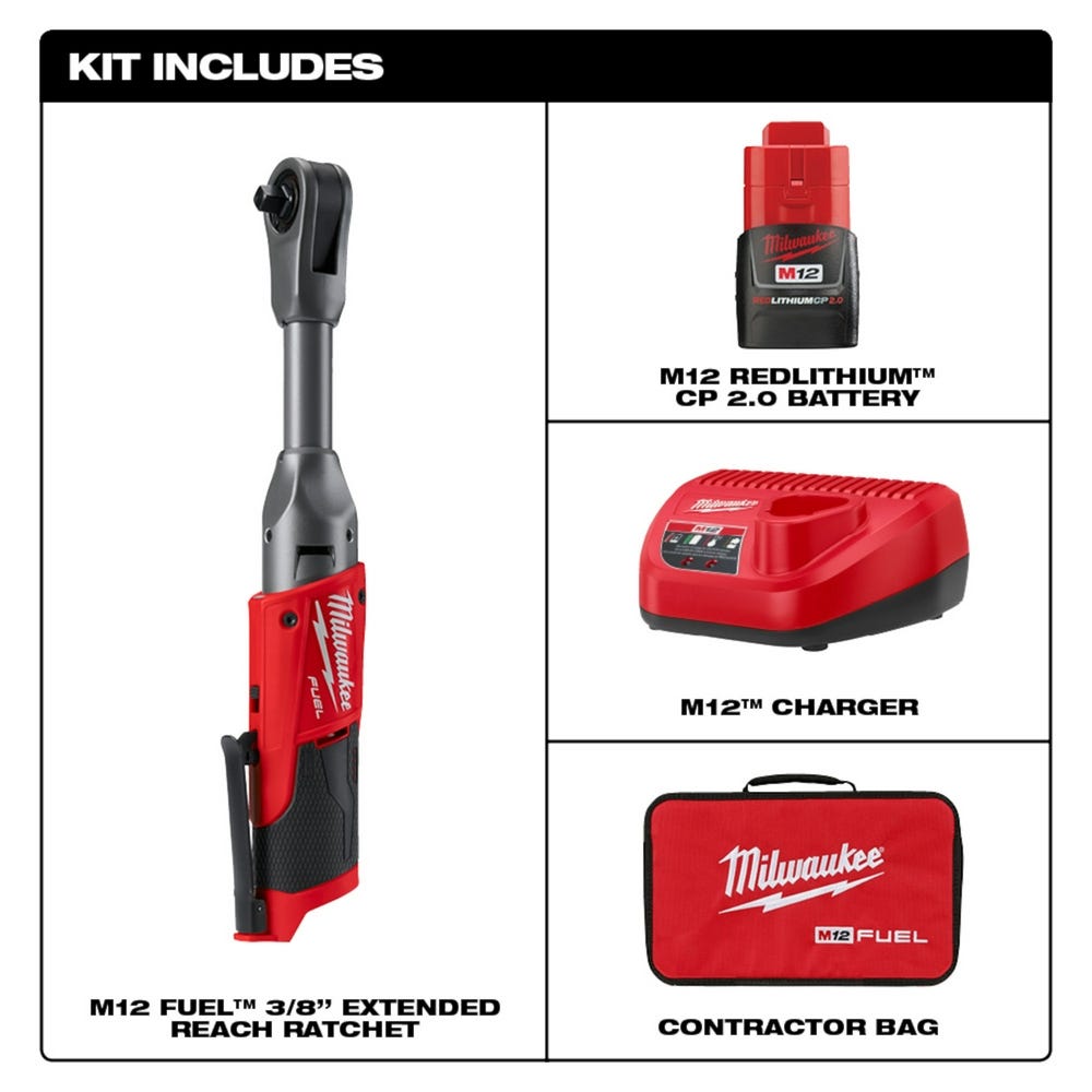 Milwaukee 2560-21 M12 FUEL 3/8-Inch Extended Reach Ratchet 2.0Ah Kit