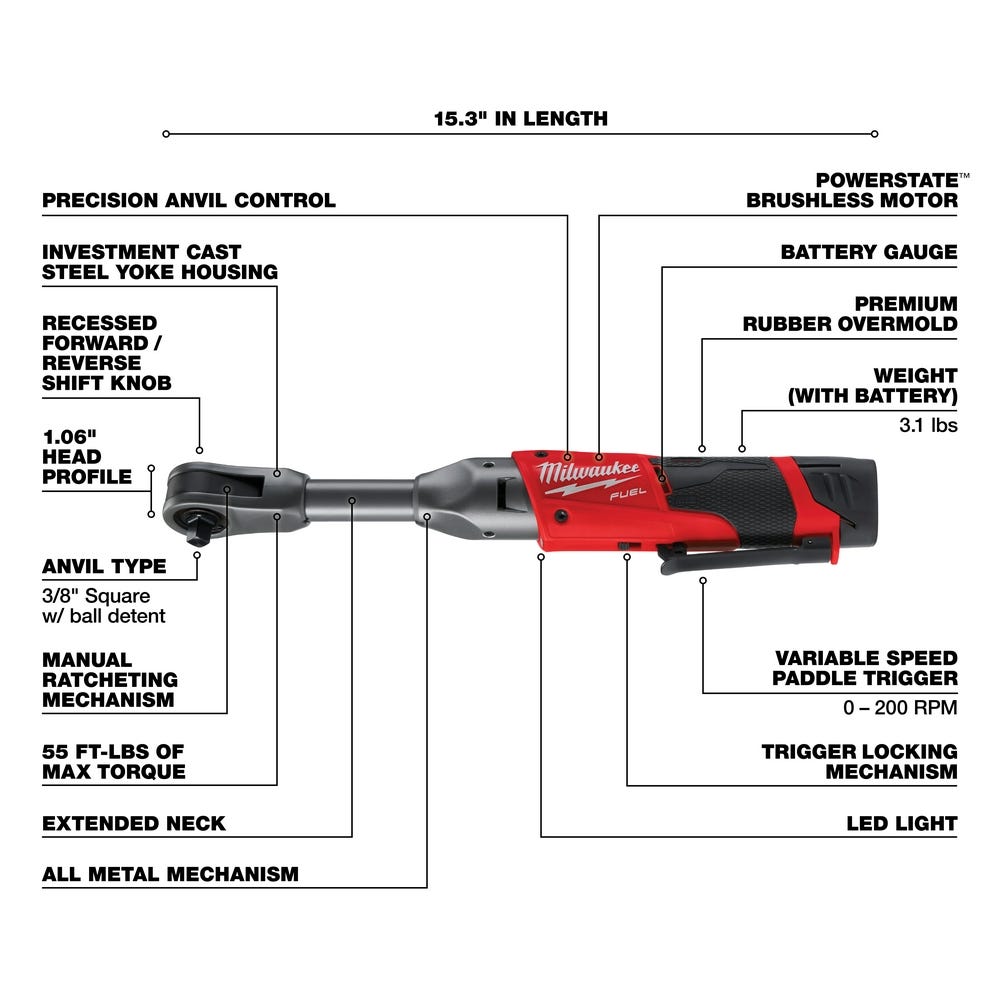 Milwaukee 2560-21 M12 FUEL 3/8-Inch Extended Reach Ratchet 2.0Ah Kit