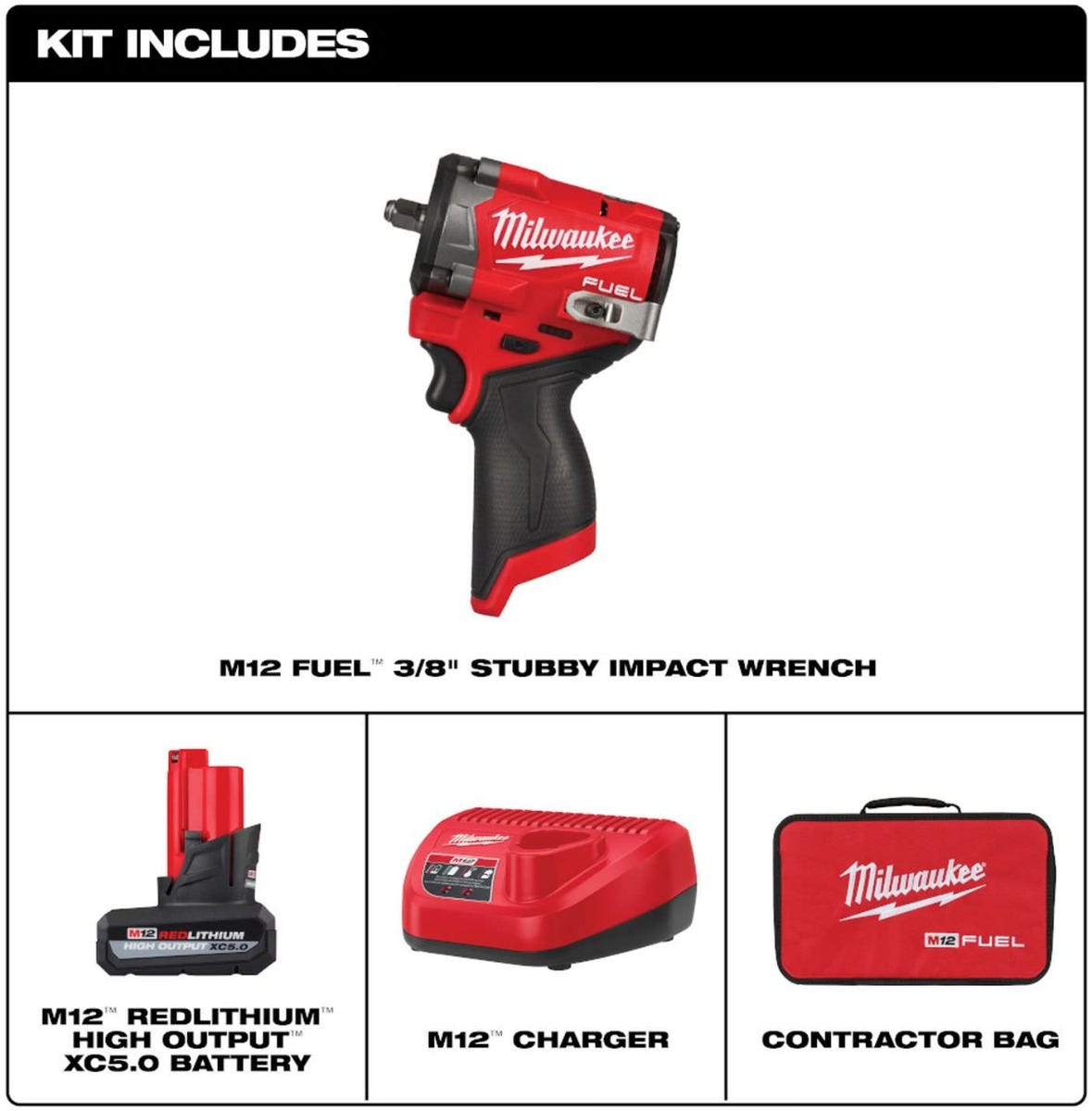 Milwaukee 2562-21 M12 FUEL Stubby 3/8 in. Impact Wrench 5.0Ah Kit