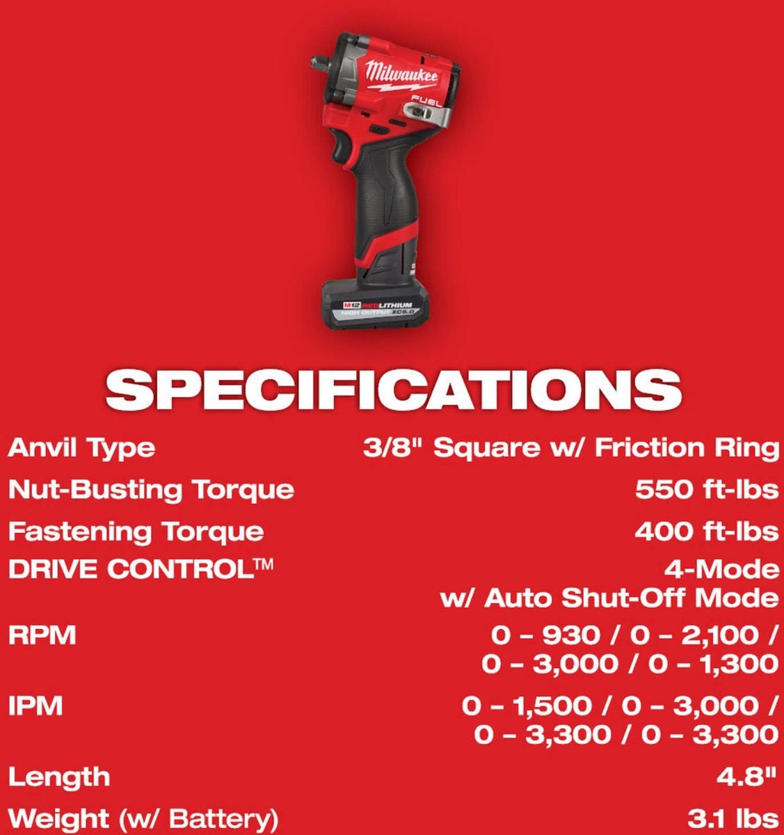 Milwaukee 2562-21 M12 FUEL Stubby 3/8 in. Impact Wrench 5.0Ah Kit