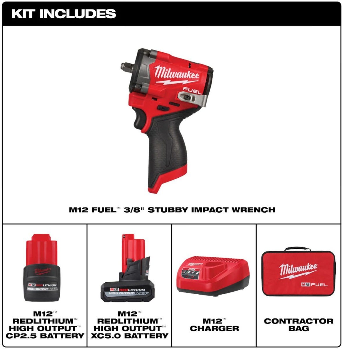 Milwaukee 2562-22 M12 FUEL Stubby 3/8 in. Impact Wrench 5.0Ah Kit