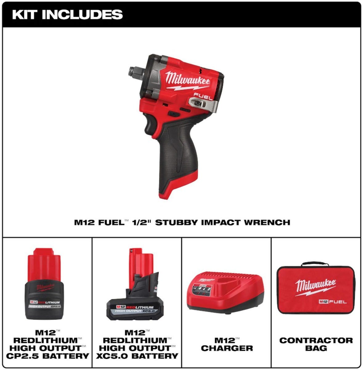 Milwaukee 2563-22 M12 FUEL Stubby 1/2 in. Impact Wrench 5.0Ah / 2.5Ah Kit