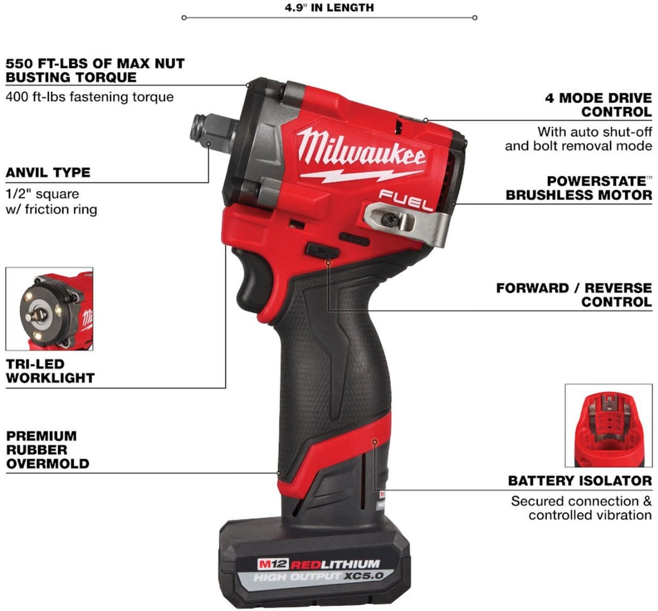 Milwaukee 2563-22 M12 FUEL Stubby 1/2 in. Impact Wrench 5.0Ah / 2.5Ah Kit