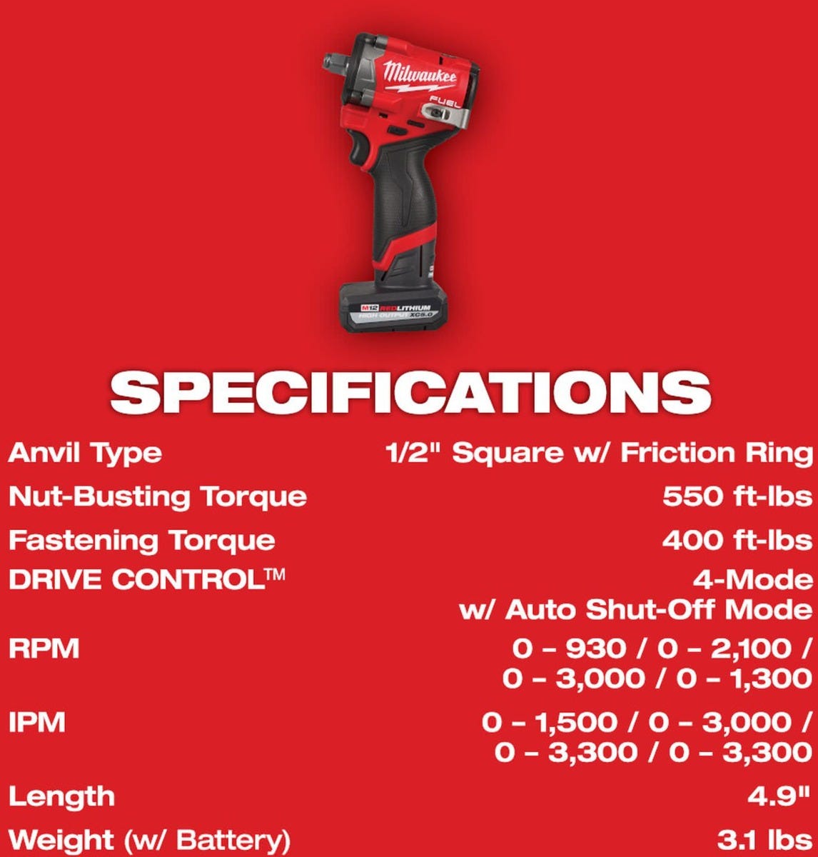 Milwaukee 2563-22 M12 FUEL Stubby 1/2 in. Impact Wrench 5.0Ah / 2.5Ah Kit