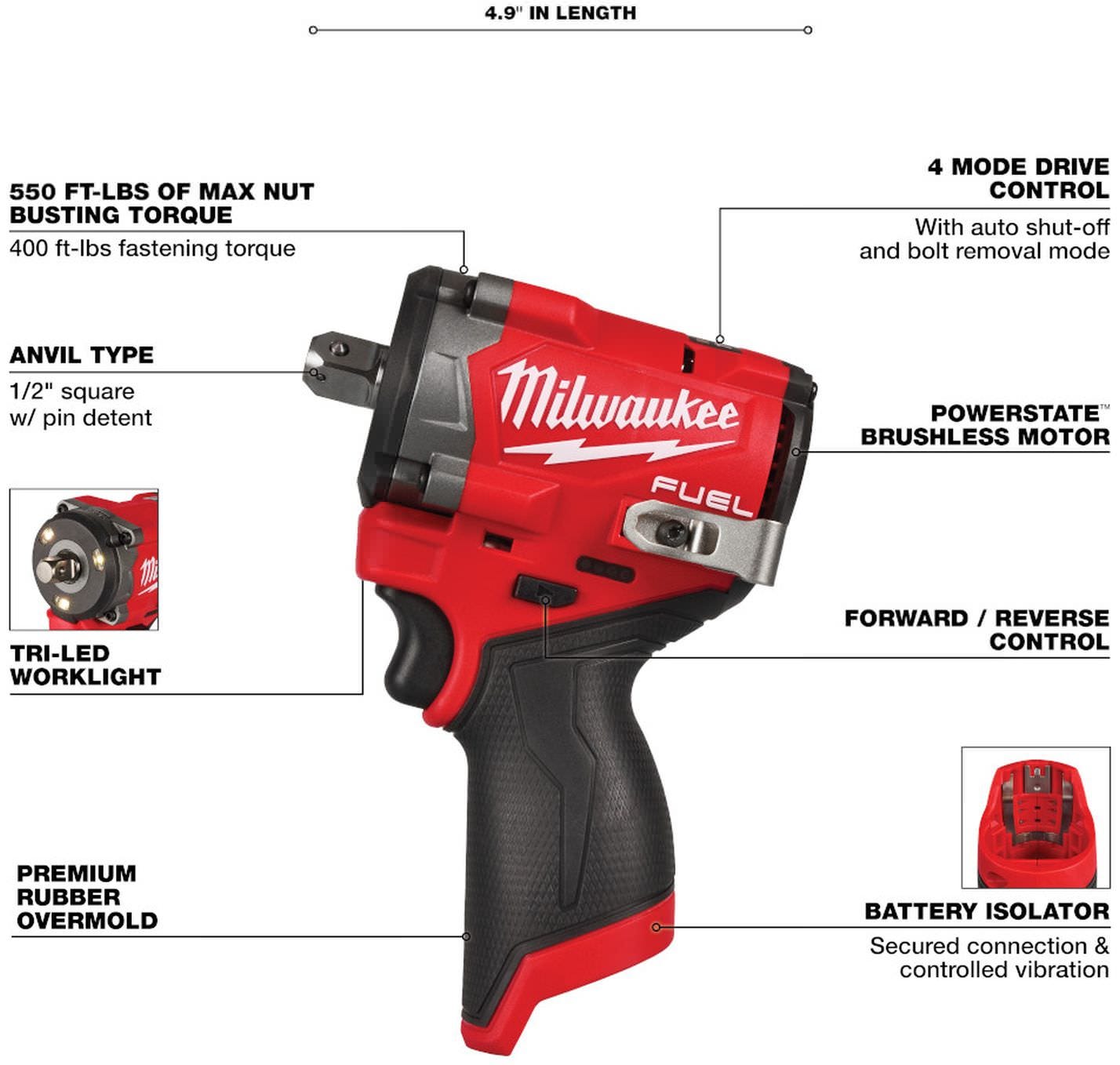 Milwaukee 2563P-20 M12 FUEL Stubby 1/2 in. Impact Wrench w/ Pin Detent, Tool Only