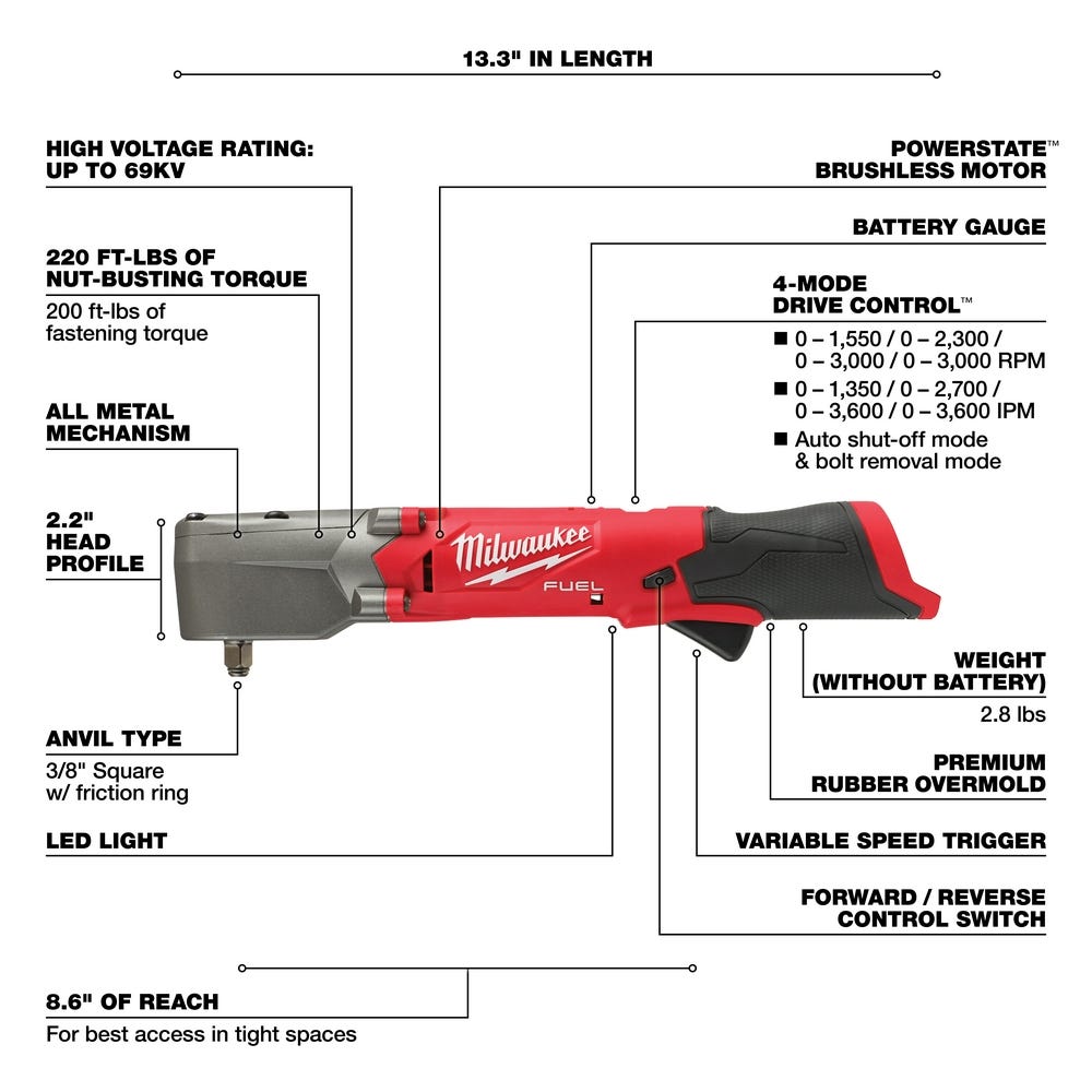 Milwaukee 2564-20 M12 FUEL 3/8" Right Angle Impact Wrench, Tool Only