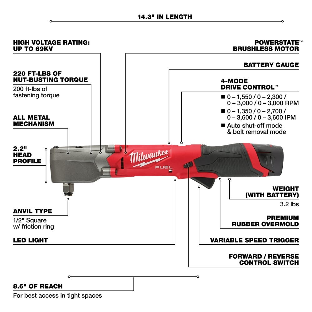 Milwaukee 2565-22 M12 FUEL 1/2-Inch Right Angle Impact Wrench 2.0Ah Kit