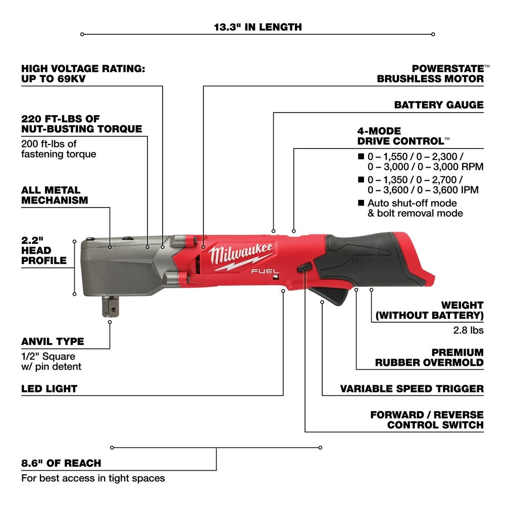 Milwaukee 2565P-20 M12 FUEL 1/2" Right Angle Impact Wrench w/ Pin Detent, Tool Only