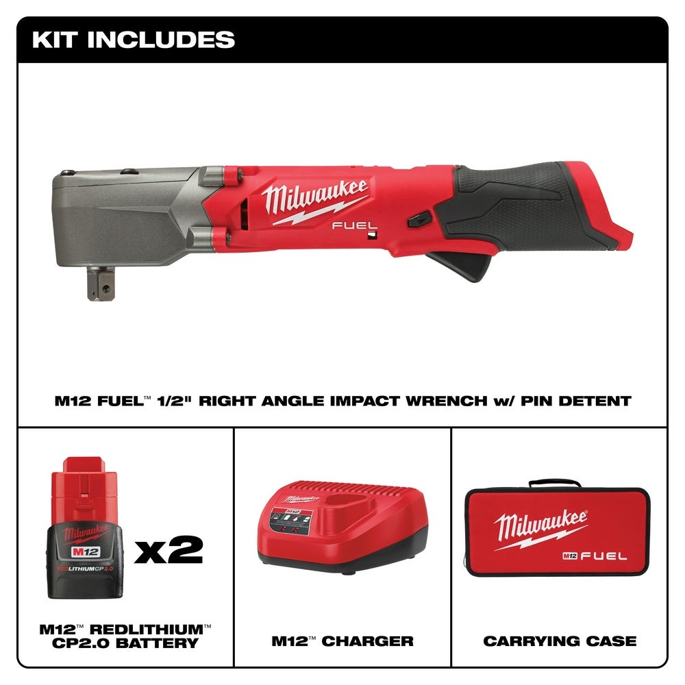 Milwaukee 2565P-22 M12 FUEL 1/2-Inch Right Angle Impact Wrench w/ Pin Detent 2.0Ah Kit