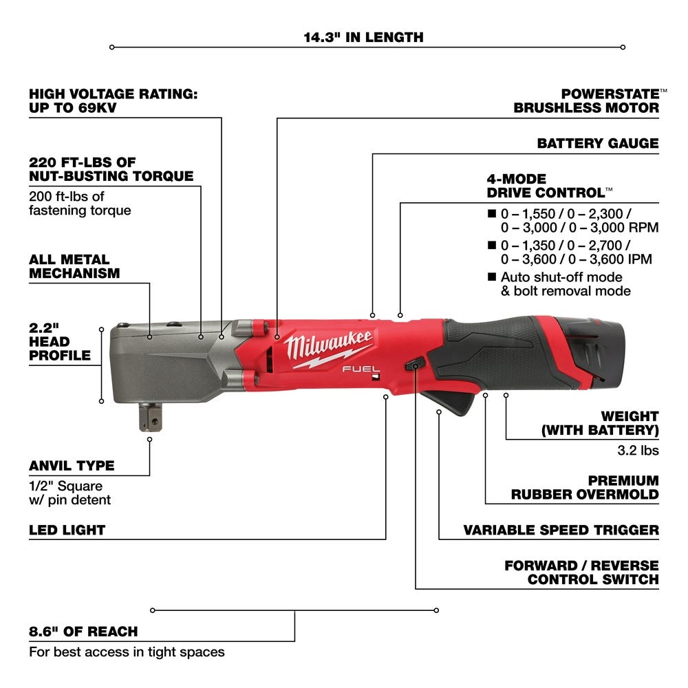 Milwaukee 2565P-22 M12 FUEL 1/2-Inch Right Angle Impact Wrench w/ Pin Detent 2.0Ah Kit