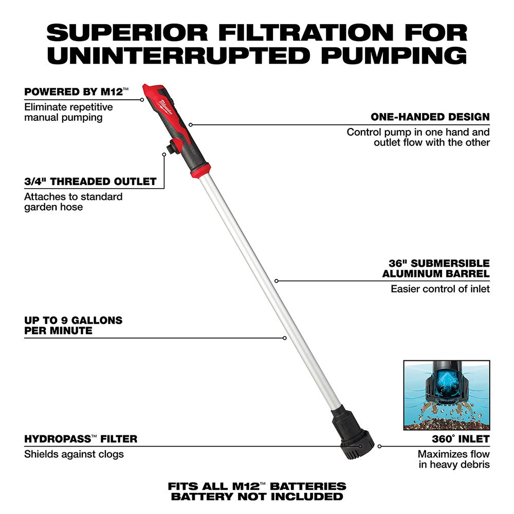 Milwaukee 2579-20 M12 Stick Transfer Pump 9GPM