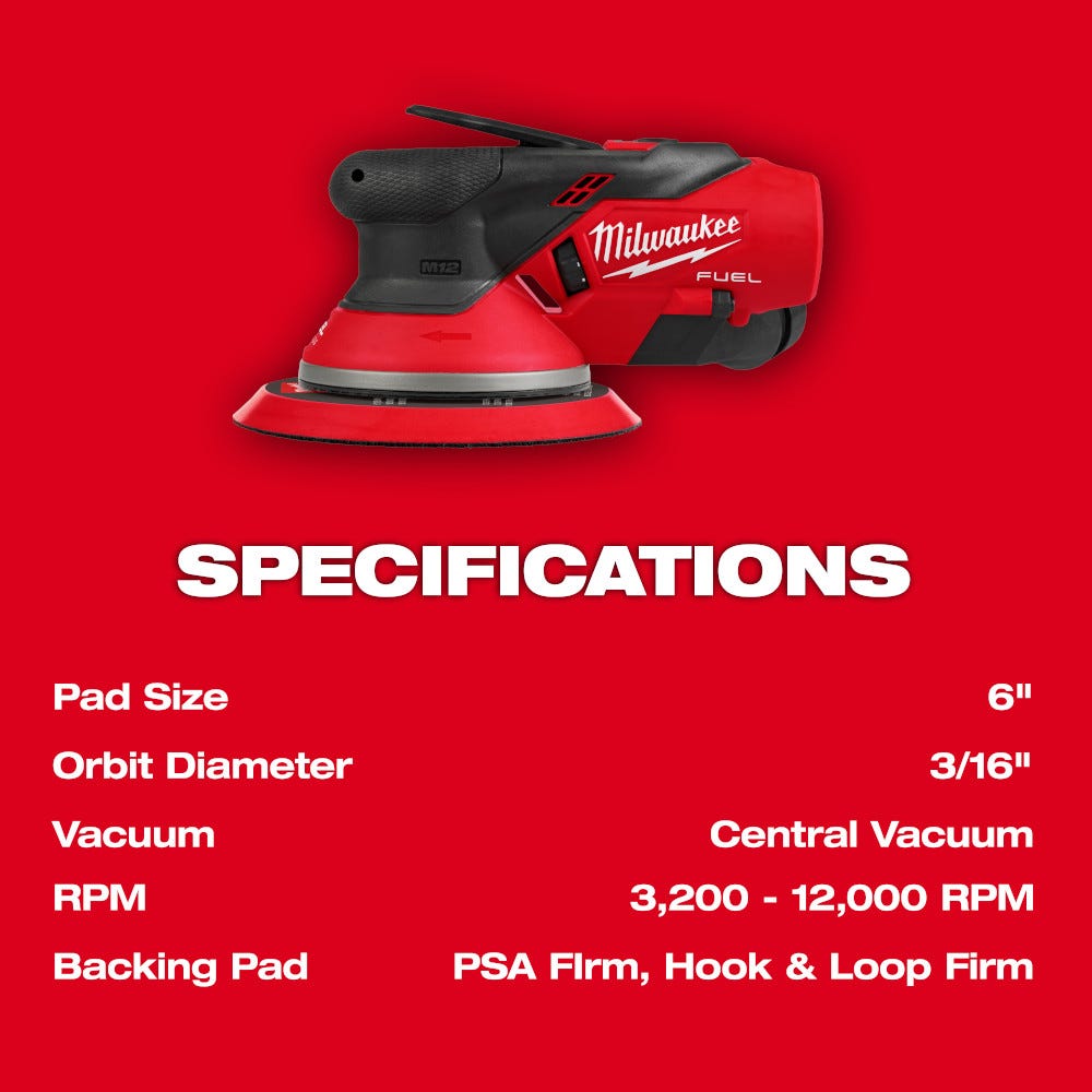 Milwaukee 2585-20 M12 FUEL 6" Random Orbital Sander (3/16")