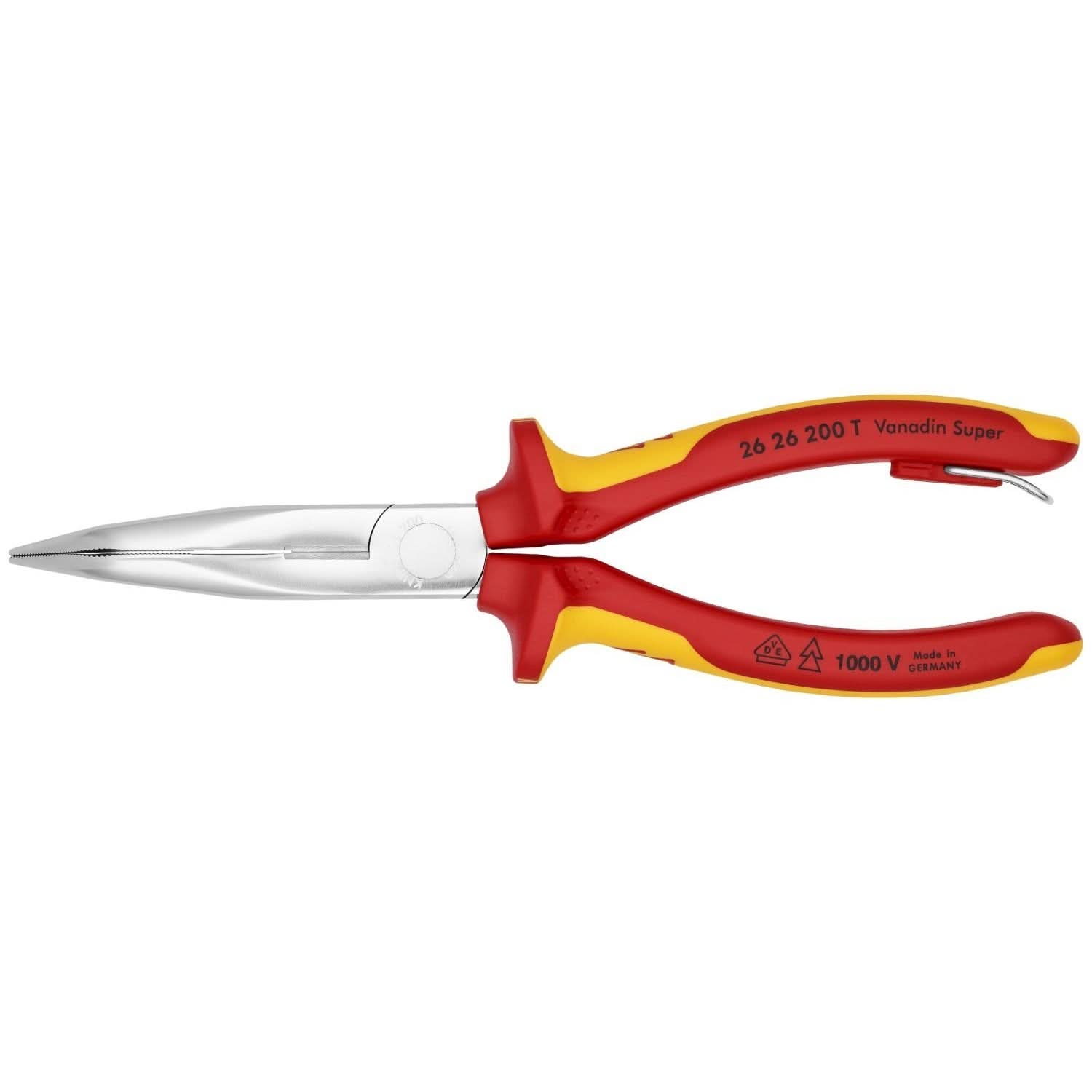 Knipex 26 26 200 T Long Nose 40&deg; Angled Pliers with Cutter-1000V Insulated-Tethered Attachment