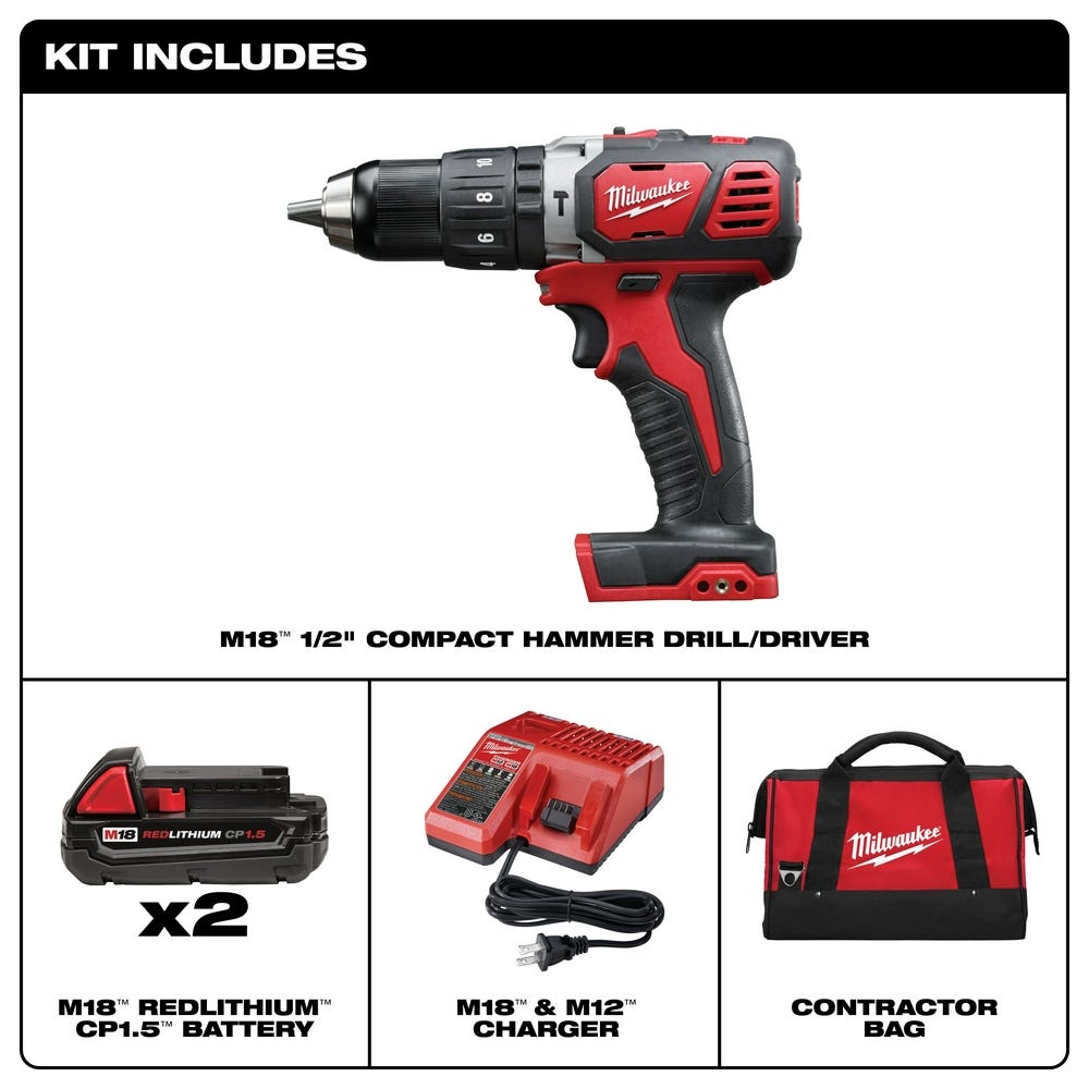 Milwaukee 2607-22CT M18 Compact 1/2" Hammer Drill/Driver Kit