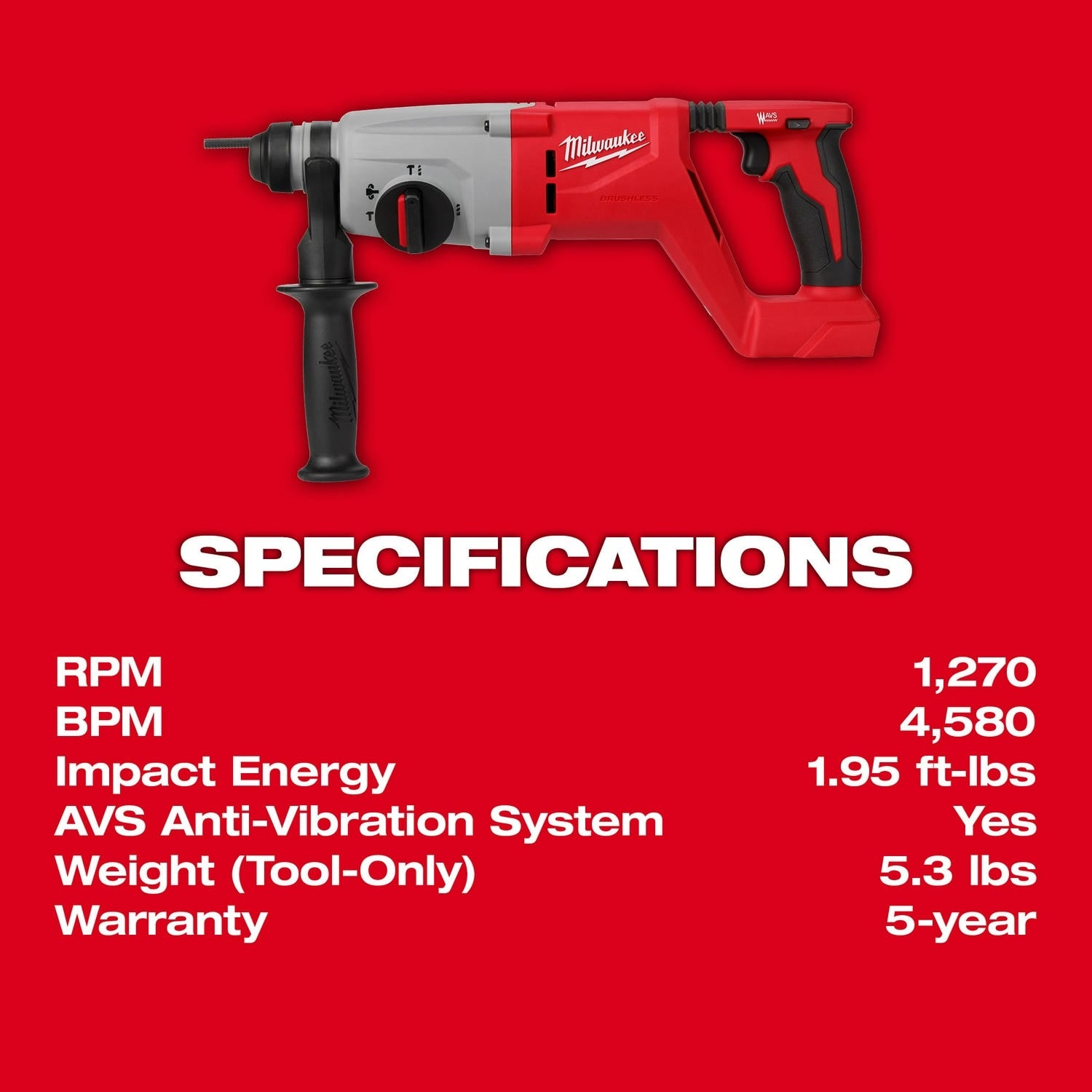 Milwaukee 2613-20 M18 Brushless 1" SDS Plus D-Handle Rotary Hammer