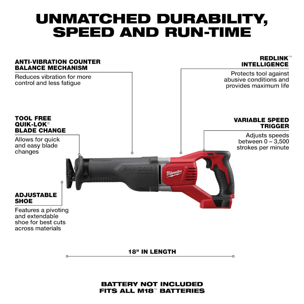 Milwaukee 2621-20 Sawzall M18 Cordless Recip Saw - Tool Only