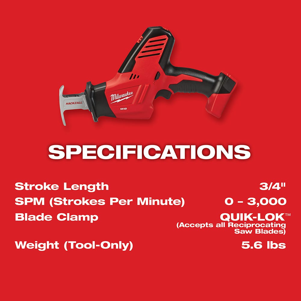 Milwaukee 2625-20 M18 18 Volt Hackzall Cordless One Handed Reciprocating Sawzall, Tool Only