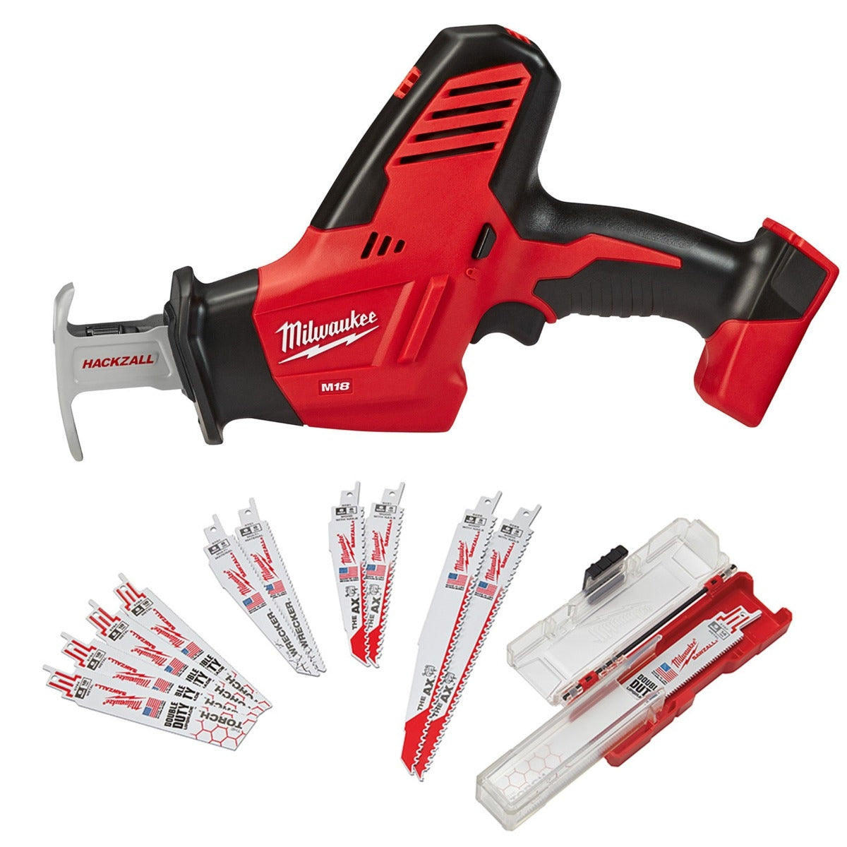 Milwaukee 2625-20 M18 Hackzall One-Handed Reciprocating Sawzall with 12-Piece Blade Assortment, Tool Only