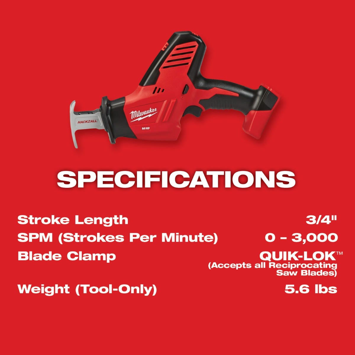 Milwaukee 2625-20 M18 Hackzall One-Handed Reciprocating Sawzall