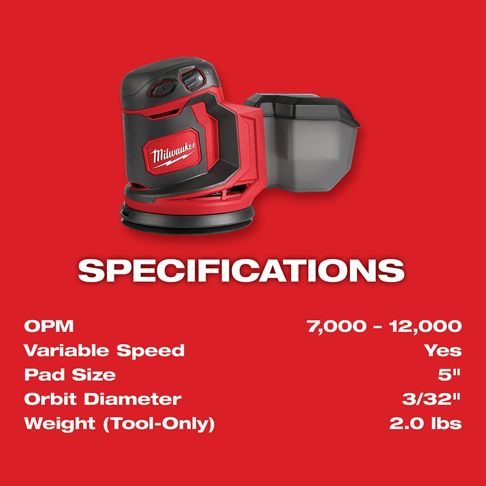 Milwaukee 2648-20 M18 Cordless 5-Inch Random Orbit Sander, Tool Only