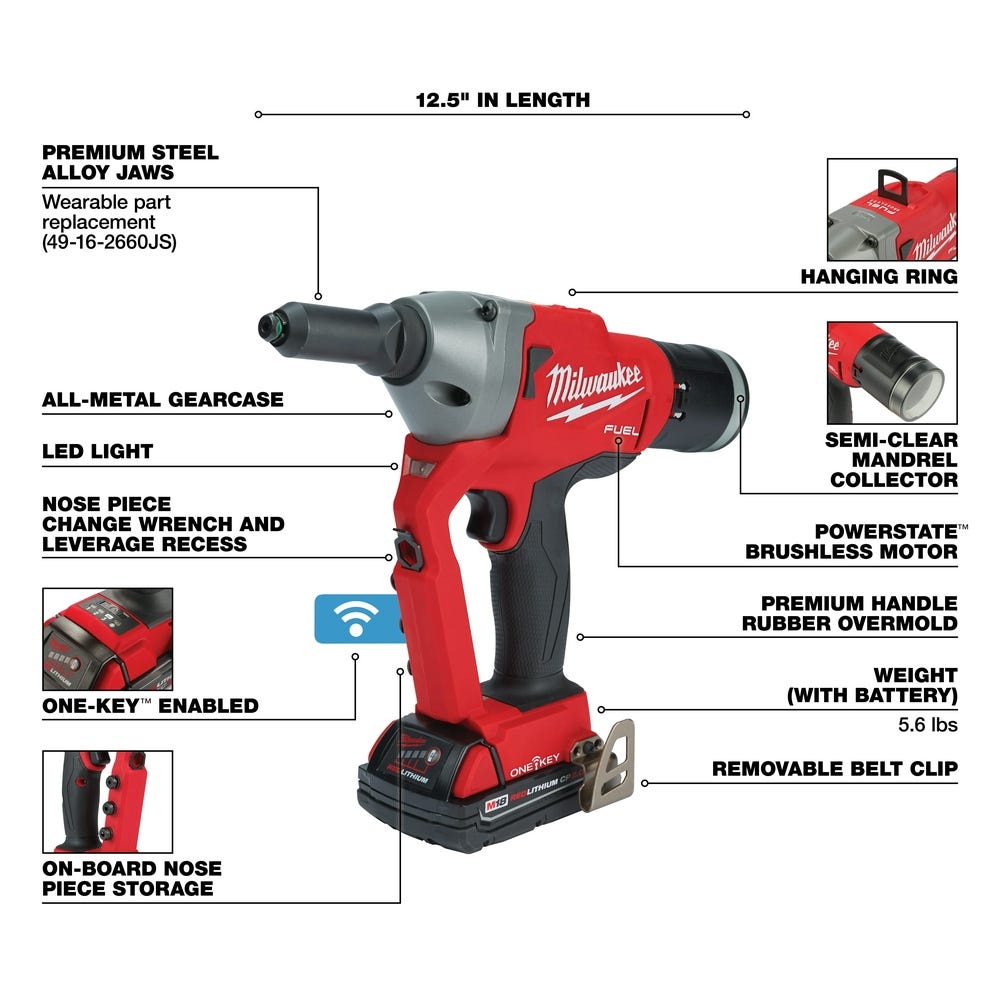 Milwaukee 2660-22CT M18 FUEL 1/4-Inch Blind Rivet Tool with ONE-KEY 2.0Ah Kit