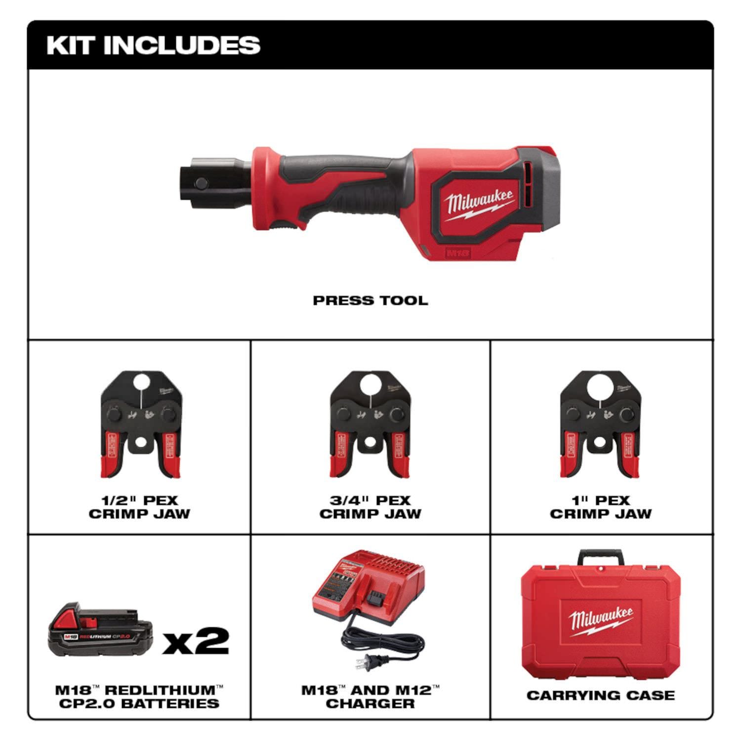 Milwaukee 2674-22C M18 Short Throw Press Tool Kit with PEX Crimp Jaws