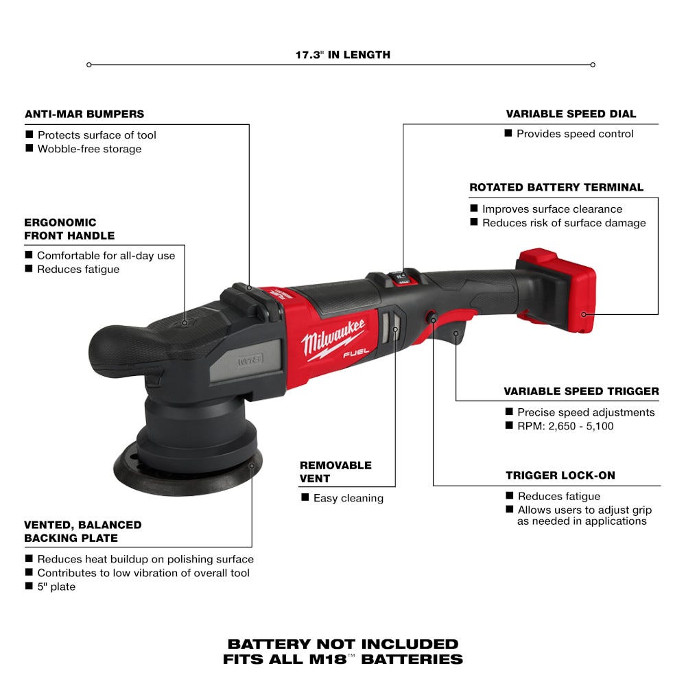 Milwaukee 2684-20 M18 FUEL 5-inch 15mm Random Orbital Polisher, Tool Only