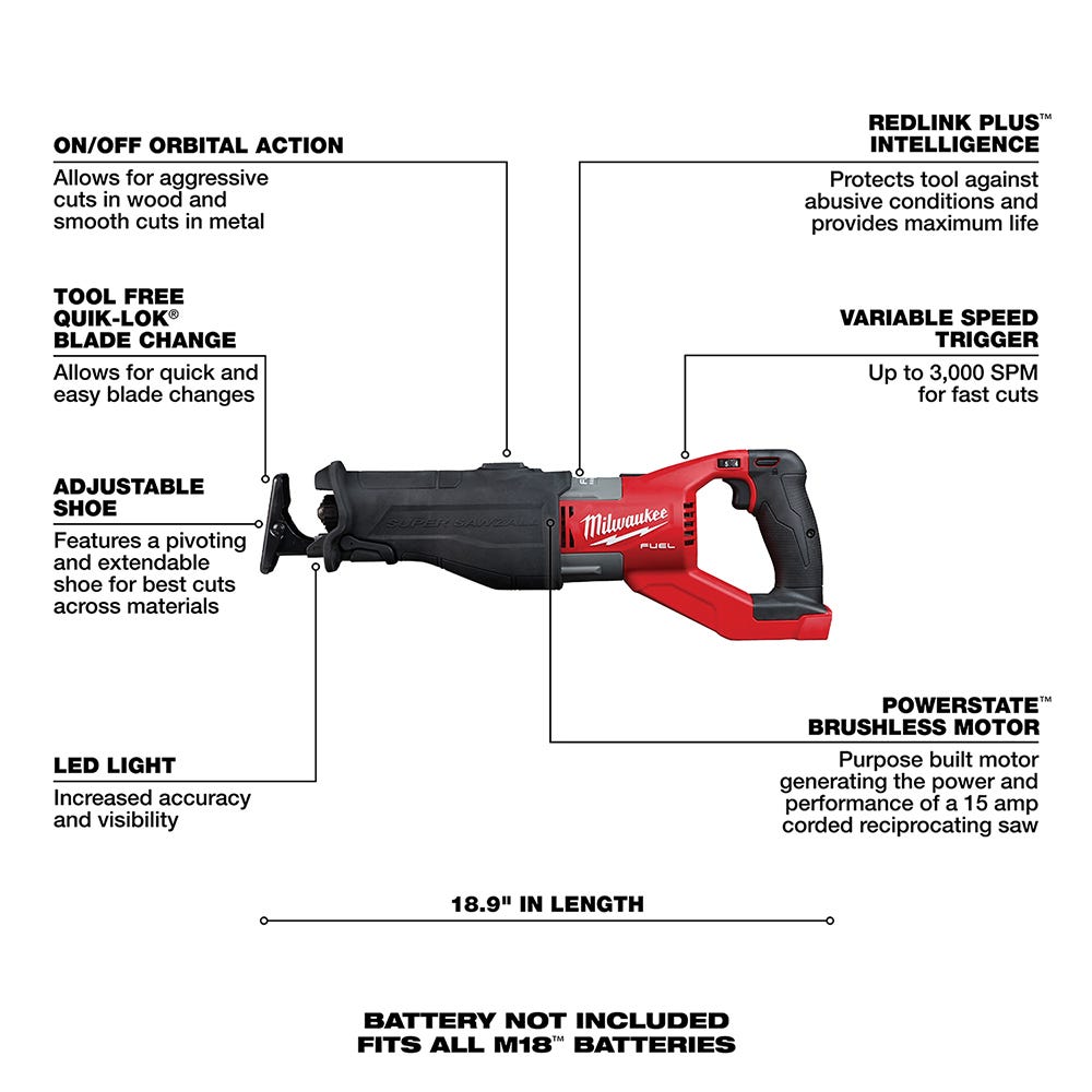 Milwaukee 2722-20 M18 Fuel Super Sawzall Reciprocating Saw, Tool Only